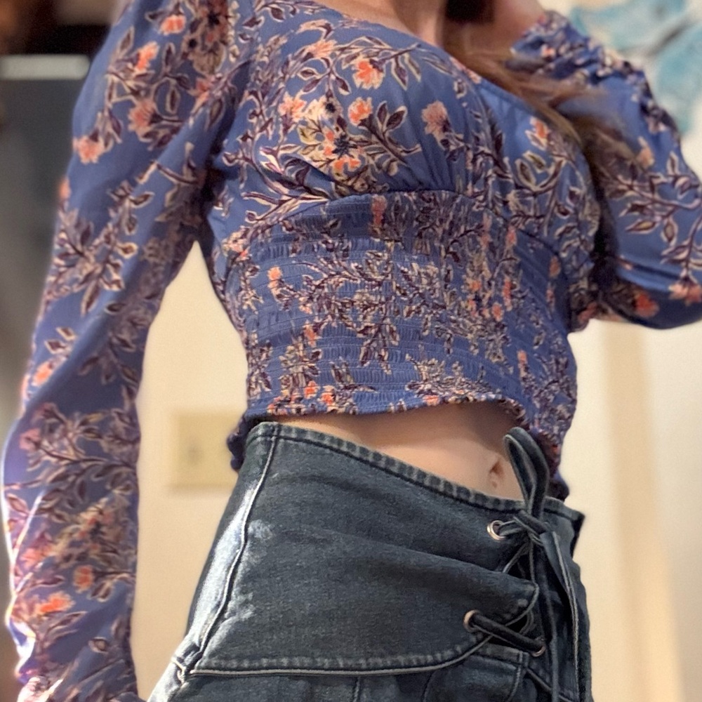 Free People Floral Smocked Long Sleeve Crop Top | Boho Romantic XS